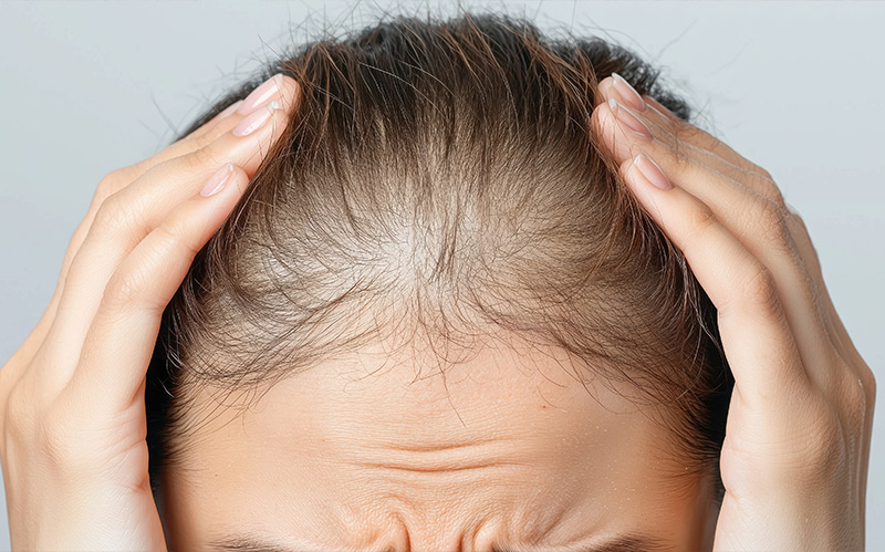Woman holding her head, checking her thinning hair line.