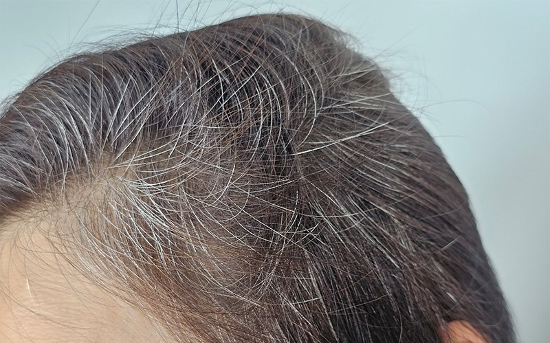 Close-up of silver grey hair roots along natural scalp parting.