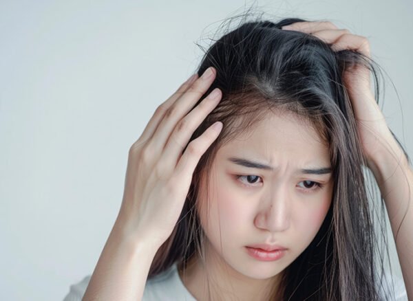 Concerned young woman checking her thinning hair and scalp. Concerned young woman checking her thinning hair and scalp.