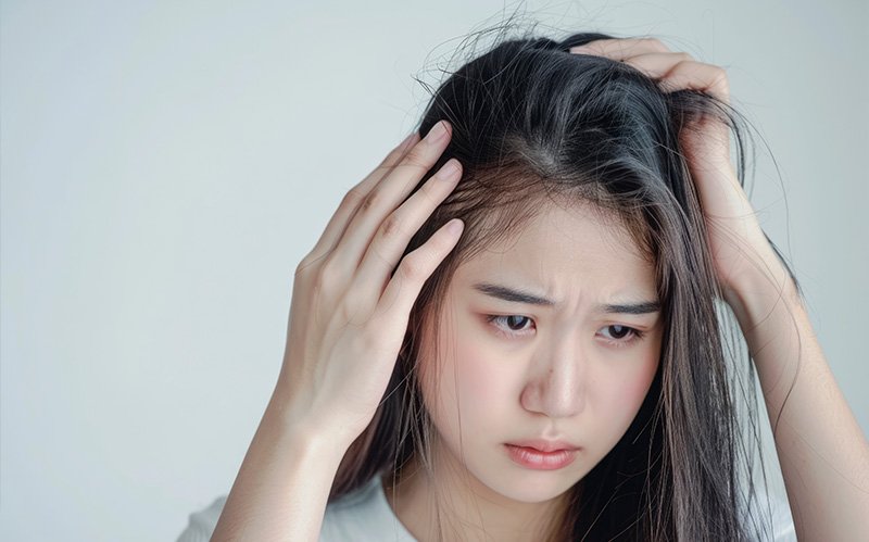 Concerned young woman checking her thinning hair and scalp.