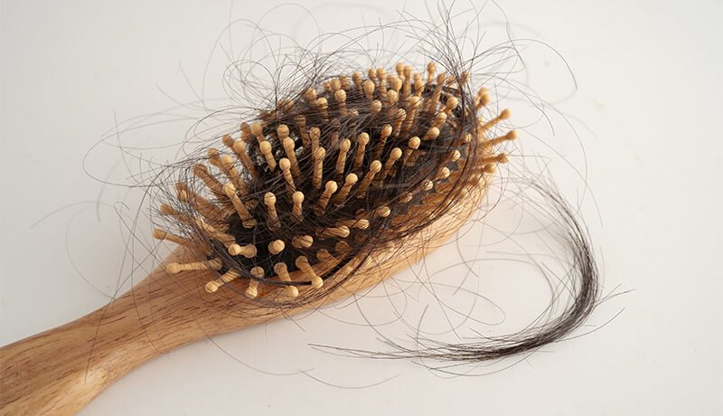 Wooden hairbrush showing signs of excessive daily hair loss.