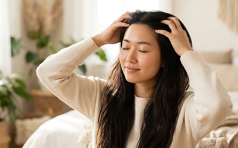 Woman performing self scalp massage to boost blood microcirculation.