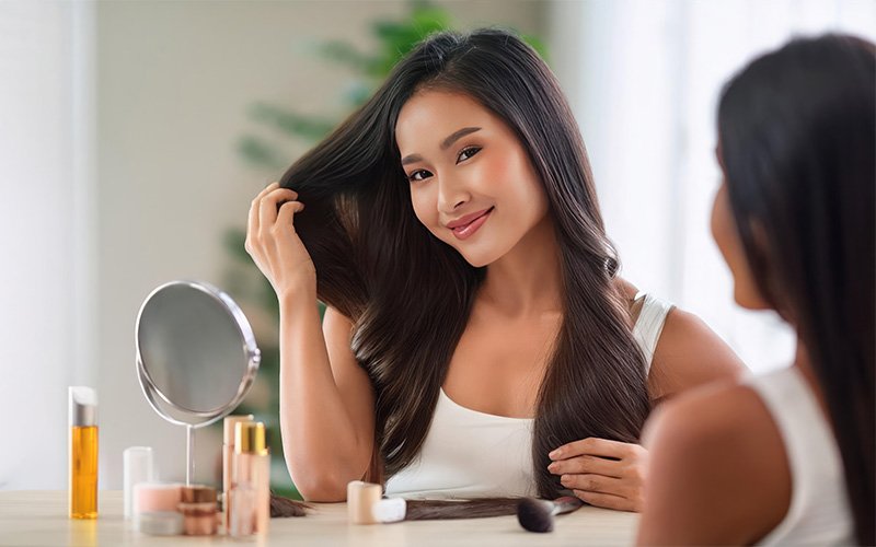 woman-admiring-healthy-shiny-hair-in-mirror