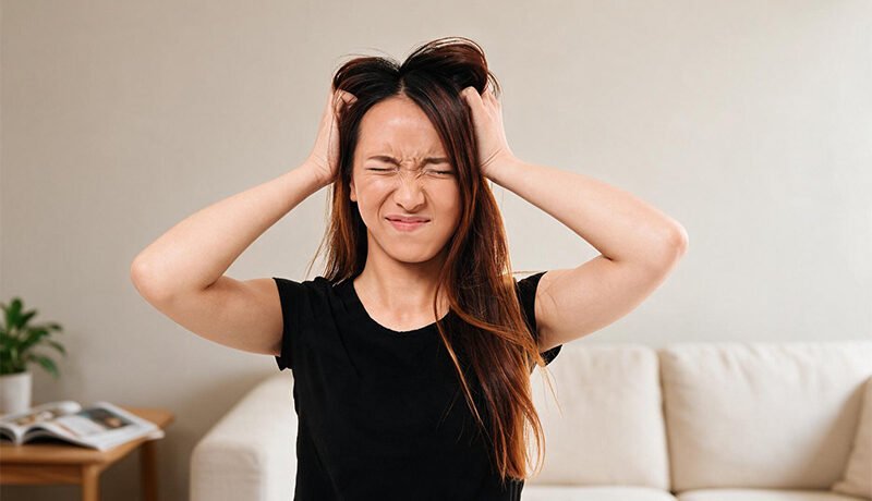Woman scratching her itchy head due to sensitive scalp irritation.