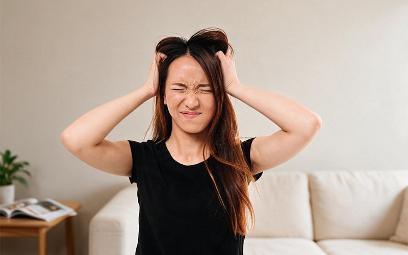Woman scratching her itchy head due to sensitive scalp irritation.
